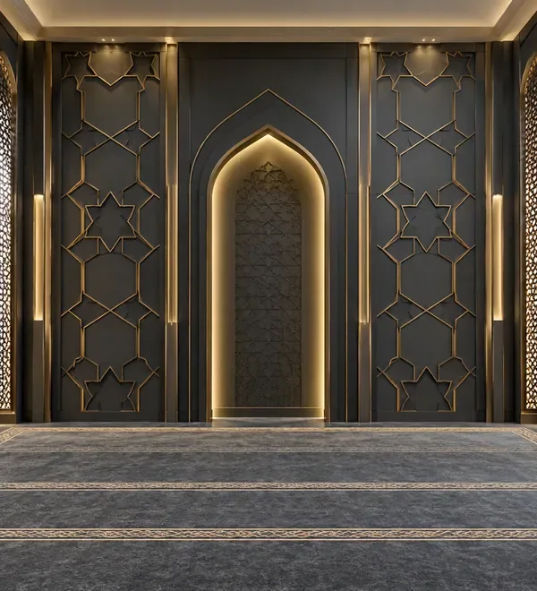mb-mih-043-charcoal-geometric-mosque-mihrab-wall-feature Charcoal Geometric Mosque Mihrab Wall Feature, oversized arch feature framed by angular geometric wall panels and narrow