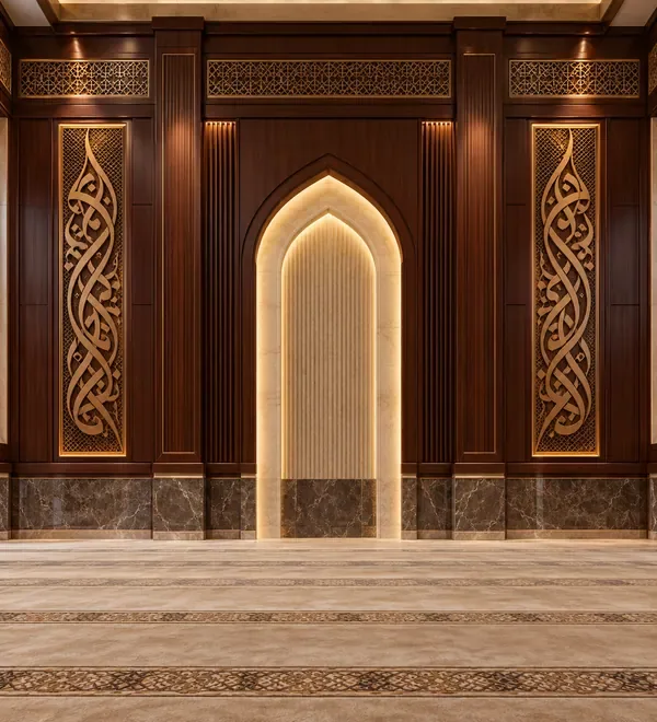 mb-mih-044-traditional-walnut-carved-mosque-mihrab-design Traditional Walnut Carved Mosque Mihrab Design, deep stained timber wall panels, intricately carved inset panels and a