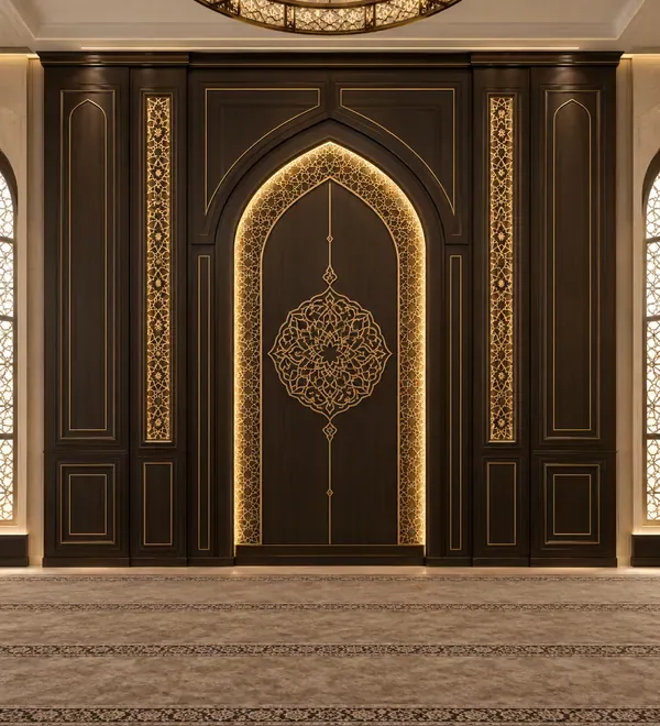 mb-mih-046-classic-islamic-carved-wooden-mosque-mihrab Classic Islamic Carved Wooden Mosque Mihrab, raised pointed Islamic arch and central medallion surrounded by carved