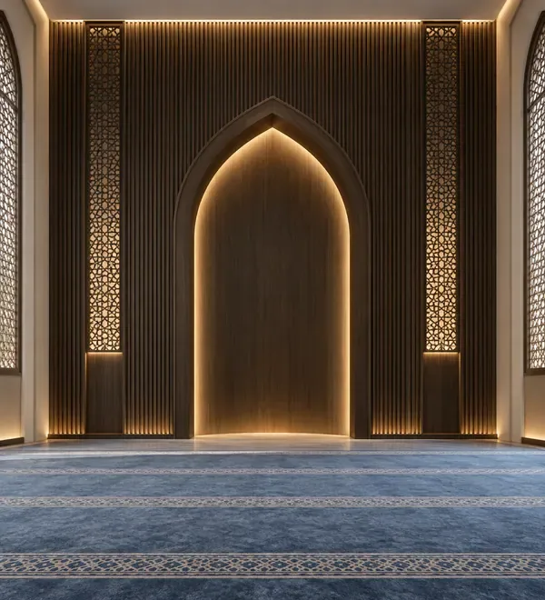mb-mih-047-ribbed-walnut-mosque-mihrab-with-recessed-niche Ribbed Walnut Mosque Mihrab with Recessed Niche, smooth arched niche, narrow vertical ribbed wood detailing and warm