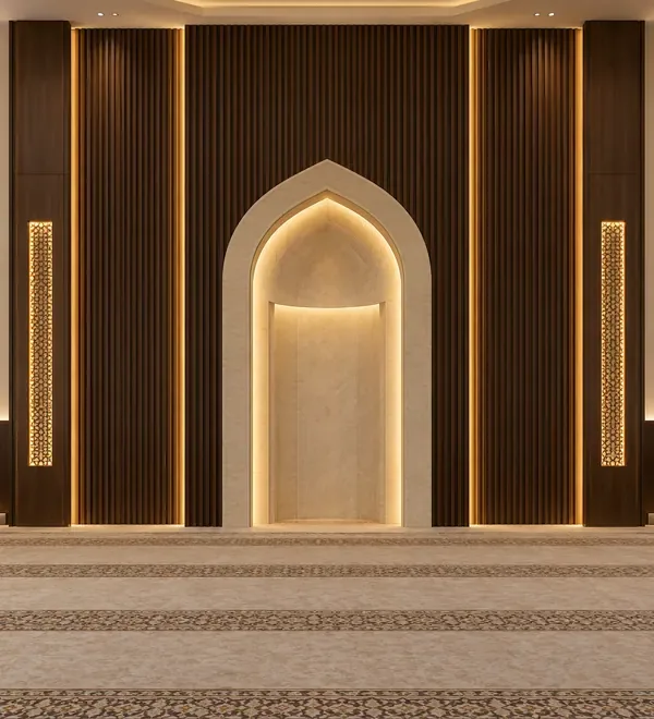 mb-mih-048-minimalist-illuminated-mosque-mihrab-with-vertical-slats Minimalist Illuminated Mosque Mihrab with Vertical Slats, clean light arched recess and tall contemporary timber battens