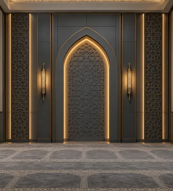 mb-mih-049-charcoal-and-gold-carved-mosque-mihrab-niche Charcoal and Gold Carved Mosque Mihrab Niche, ornate pointed arch insert, layered charcoal wall sections and gold trim,