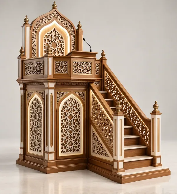 mb-min-003-ornate-walnut-wooden-mosque-minbar Ornate Walnut Wooden Mosque Minbar, rich carved front arches, a finial-topped pulpit and a geometric staircase rail,