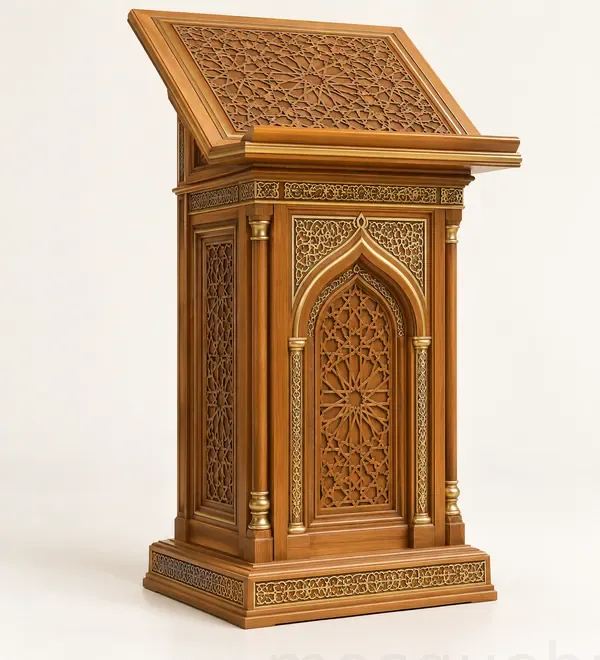 mb-min-024-elegant-carved-wooden-mosque-minbar-with-staircase Elegant Carved Wooden Mosque Minbar with Staircase, tall hexagonal-inspired front arch, finely detailed stair panels and