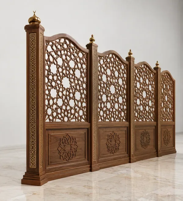 mb-par-034-freestanding-islamic-geometric-wooden-mosque-partition Freestanding Islamic Geometric Wooden Mosque Partition, a multi-section floor standing screen with floral pierced