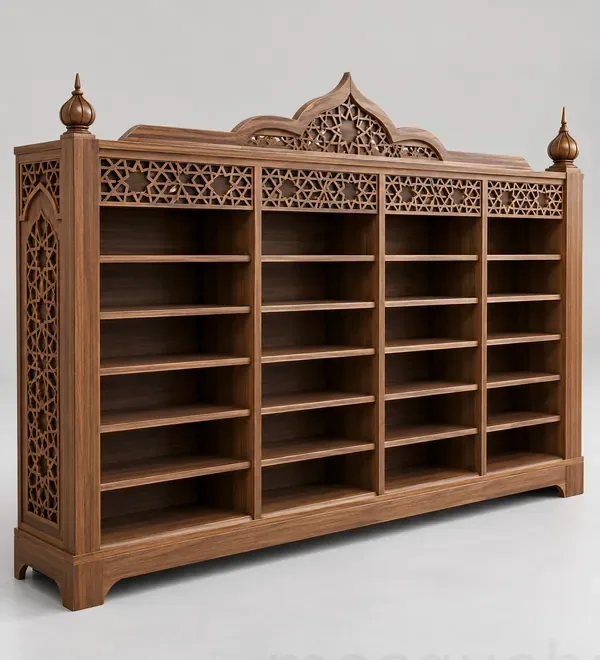 mb-shr-021-decorative-arched-wooden-mosque-shoe-cabinet Decorative Arched Wooden Mosque Shoe Cabinet, wide shoe storage fitted with carved Islamic side panels and decorative