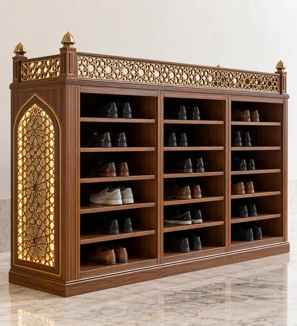 mb-shr-026-illuminated-geometric-mosque-shoe-cabinet Illuminated Geometric Mosque Shoe Cabinet, wide open shoe bays framed by softly lit geometric wood lattice side panels,