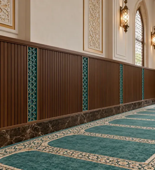 mb-wal-050-walnut-mosque-wall-paneling-with-turquoise-inlays Walnut Mosque Wall Paneling with Turquoise Inlays, horizontal low-level wood wainscoting with fluted sections and