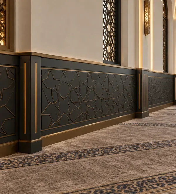 mb-wal-054-modern-gray-islamic-pattern-mosque-wall-cladding Modern Gray Islamic Pattern Mosque Wall Cladding, repeated star-shaped geometric surface panels and a shadowed upper