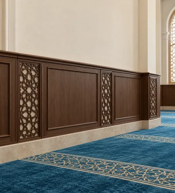 mb-wal-057-carved-walnut-mosque-wall-paneling-with-lattice-inserts Carved Walnut Mosque Wall Paneling with Lattice Inserts, rectangular wood wall modules divided by carved floral fretwork