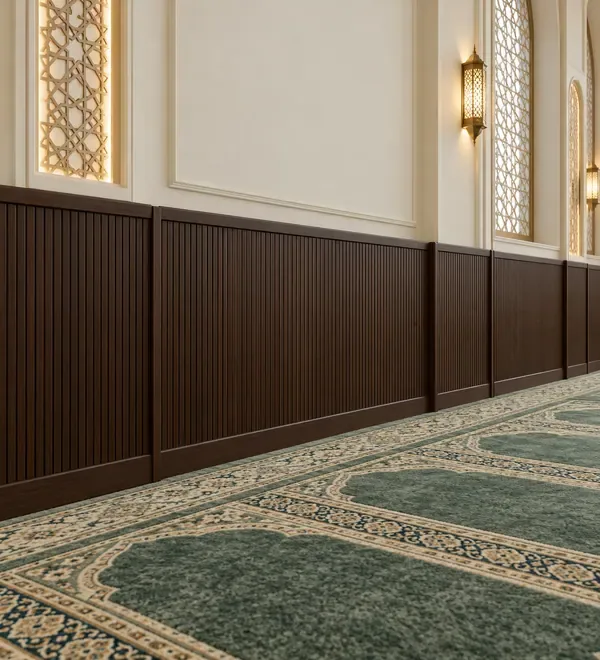 mb-wal-058-contemporary-walnut-mosque-wall-paneling-with-slats Contemporary Walnut Mosque Wall Paneling with Slats, long wood panel arrangement mixing fine vertical ribs with flush