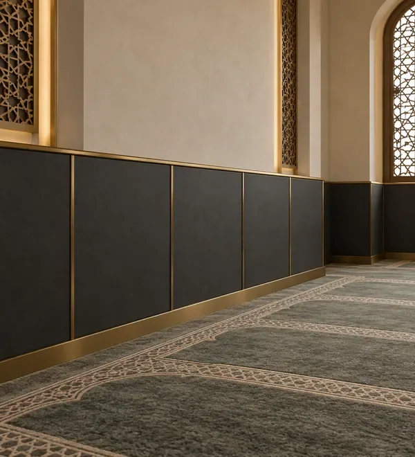 mb-wal-060-charcoal-and-gold-mosque-wall-wainscoting Charcoal and Gold Mosque Wall Wainscoting, matte dark wall panels punctuated by slim gold vertical reveals above a black
