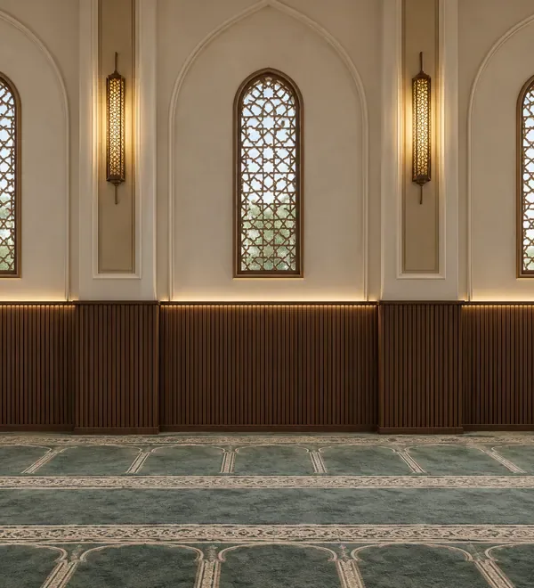 mb-wal-061-modern-fluted-wooden-mosque-wall-panels Modern Fluted Wooden Mosque Wall Panels, dark vertical timber ribs along the base of a bright mosque wall, dark