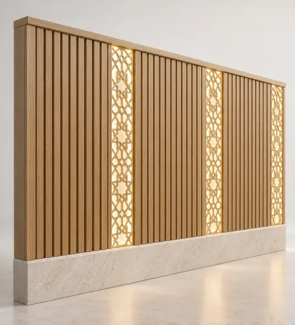 mb-wal-065-oak-mosque-wall-paneling-with-illuminated-lattice-bands Oak Mosque Wall Paneling with Illuminated Lattice Bands, alternating vertical oak-look ribs and ornamental glowing