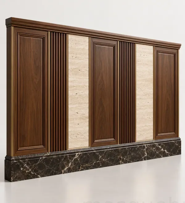 mb-wal-066-walnut-and-stone-mosque-wainscoting-panels Walnut and Stone Mosque Wainscoting Panels, alternating walnut wall rectangles and pale stone-look inserts over a dark