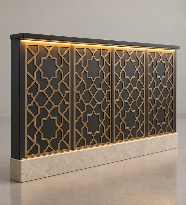 mb-wal-068-black-geometric-mosque-wall-panels-with-gold-pattern Black Geometric Mosque Wall Panels with Gold Pattern, large black geometric carved lattice panels with slim framing and