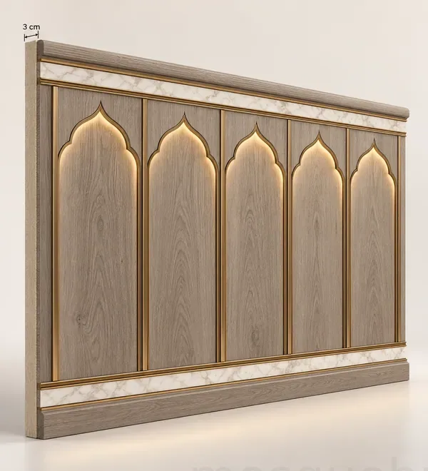 mb-wal-071-oak-and-beige-mosque-wall-paneling-with-five-arches Oak and Beige Mosque Wall Paneling with Five Arches, five pointed arch bays in pale beige wall cladding with light oak