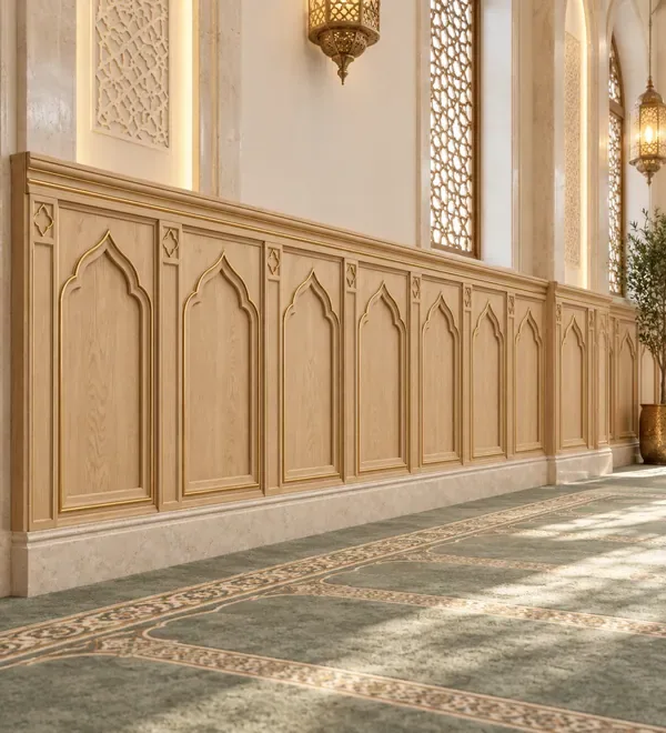 mb-wal-087-cream-and-gold-arched-mosque-wall-wainscoting Cream and Gold Arched Mosque Wall Wainscoting, light cream arch moldings paired with delicate carving and decorative gold