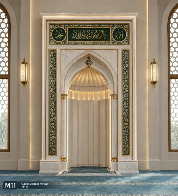Classic White Marble Mosque Mihrab with Gold Arch – MosqueBuild 3D design concept