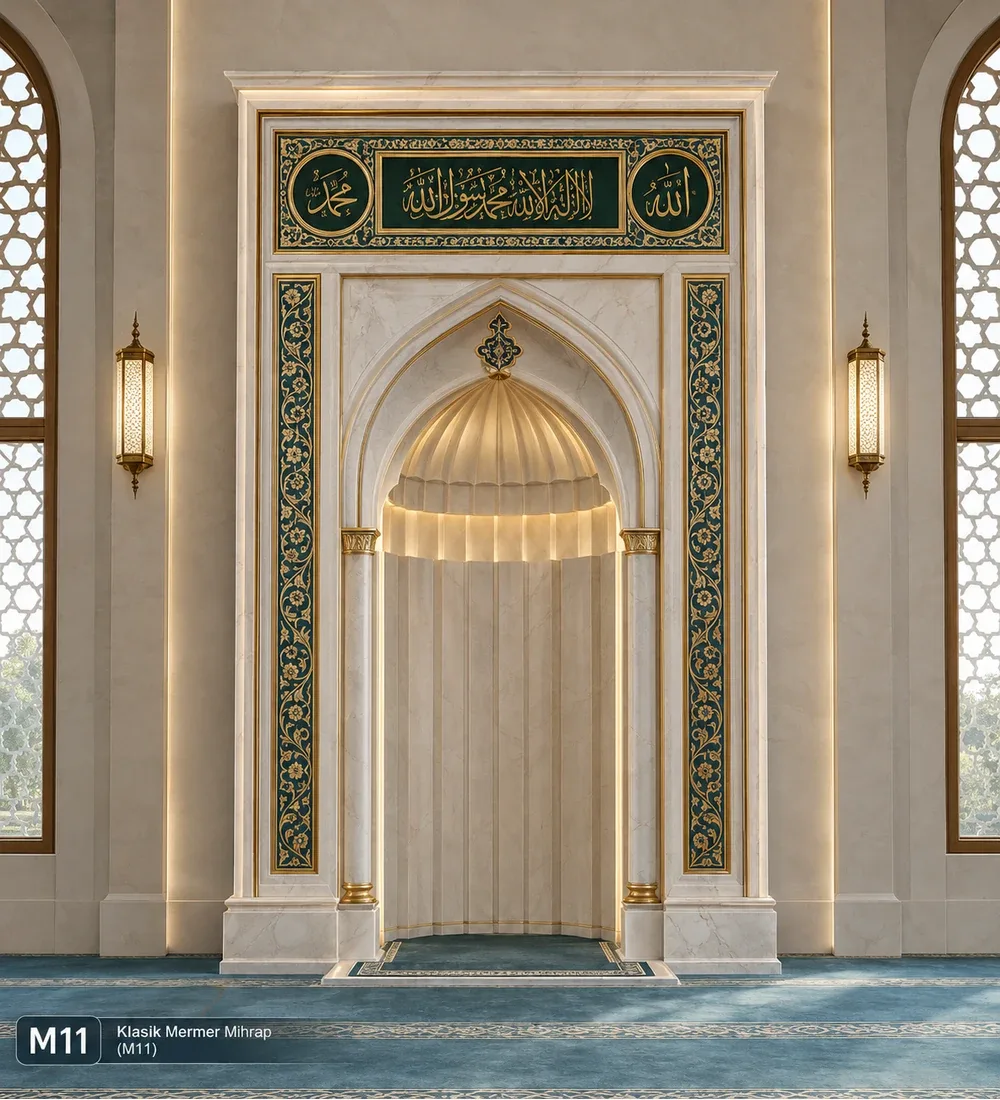 Mosquebuild Classic White Marble Mosque Mihrab 05 Classic White Marble Mosque Mihrab with Gold Arch – MosqueBuild 3D design concept