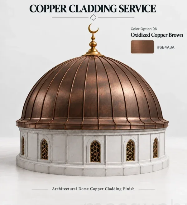 Oxidized Copper Brown Mosque Dome Cladding – MosqueBuild 3D design concept