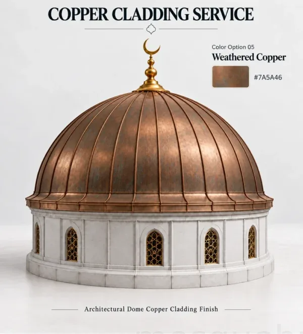 Weathered Copper Mosque Dome Cladding – MosqueBuild 3D design concept