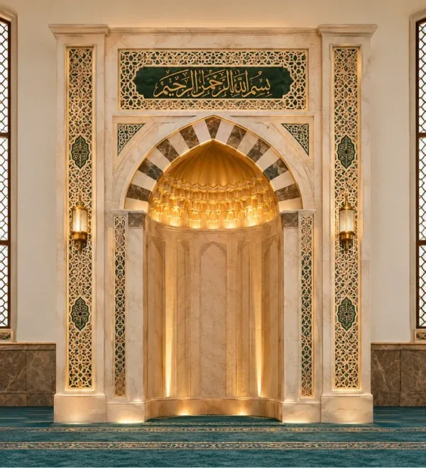 Ornate Marble Mihrab with Striped Islamic Arch – MosqueBuild 3D design concept