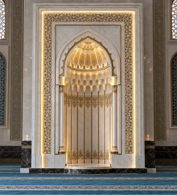 Illuminated Marble Mosque Mihrab with Gold Inlay – MosqueBuild 3D design concept