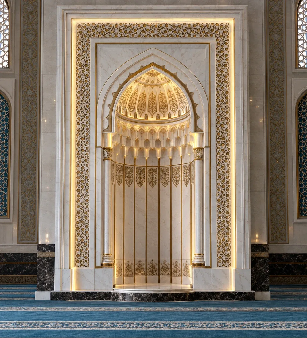 Mosquebuild Elegant Marble Mihrab Teal Carpet 10 Illuminated Marble Mosque Mihrab with Gold Inlay – MosqueBuild 3D design concept