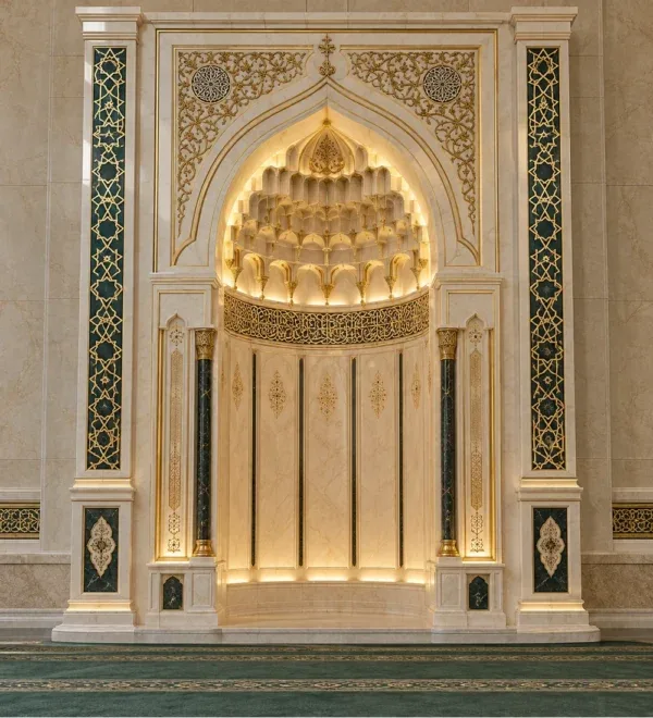 Luxury Marble Mosque Mihrab with Muqarnas Canopy – MosqueBuild 3D design concept