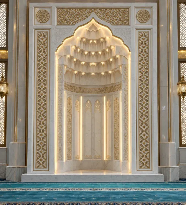 Gold Ornamental Marble Mihrab with Illuminated Niche – MosqueBuild 3D design concept