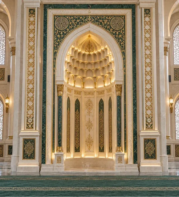 Grand Marble Mosque Mihrab with Green Gold Details – MosqueBuild 3D design concept