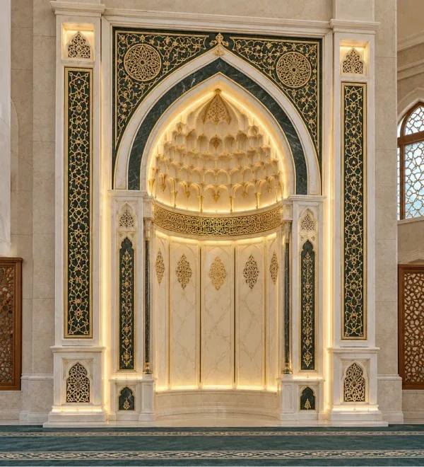 Grand Marble Mihrab with Double Gold Arch – MosqueBuild 3D design concept