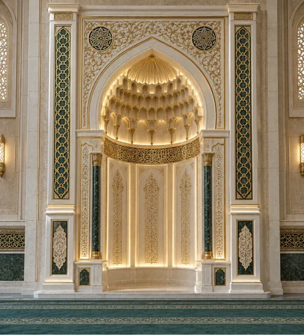 Grand Marble Mosque Mihrab with Gold Pillar Details – MosqueBuild 3D design concept