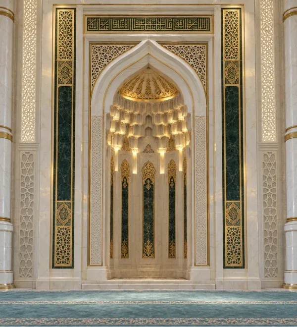 Luxury Gold Accent Marble Mihrab with Tall Niche – MosqueBuild 3D design concept