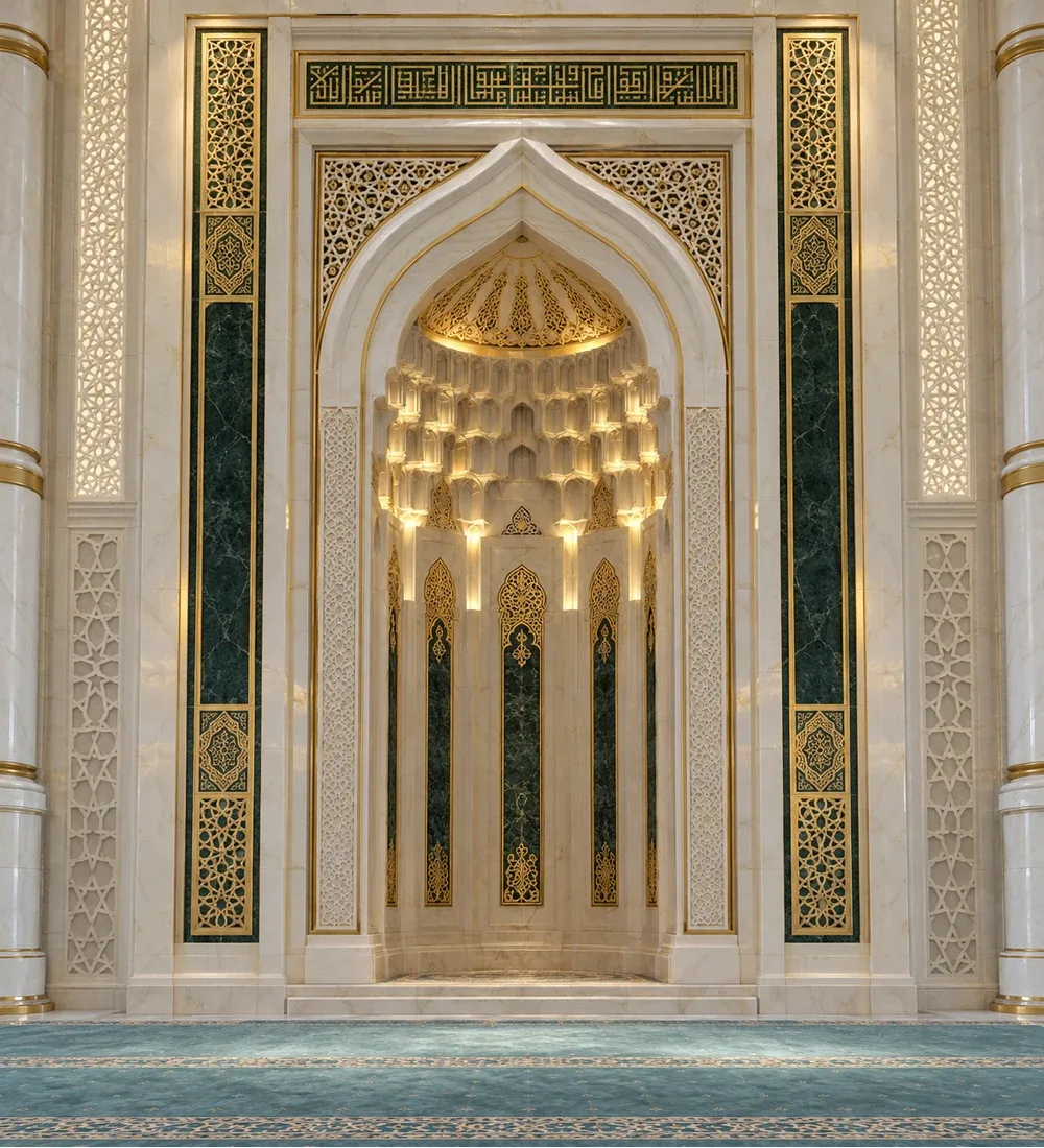 Mosquebuild Luxury Gold Accent Marble Mihrab 08 Luxury Gold Accent Marble Mihrab with Tall Niche – MosqueBuild 3D design concept