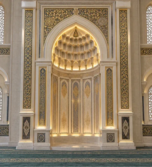 Luxury Gold Marble Mosque Mihrab with Muqarnas – MosqueBuild 3D design concept