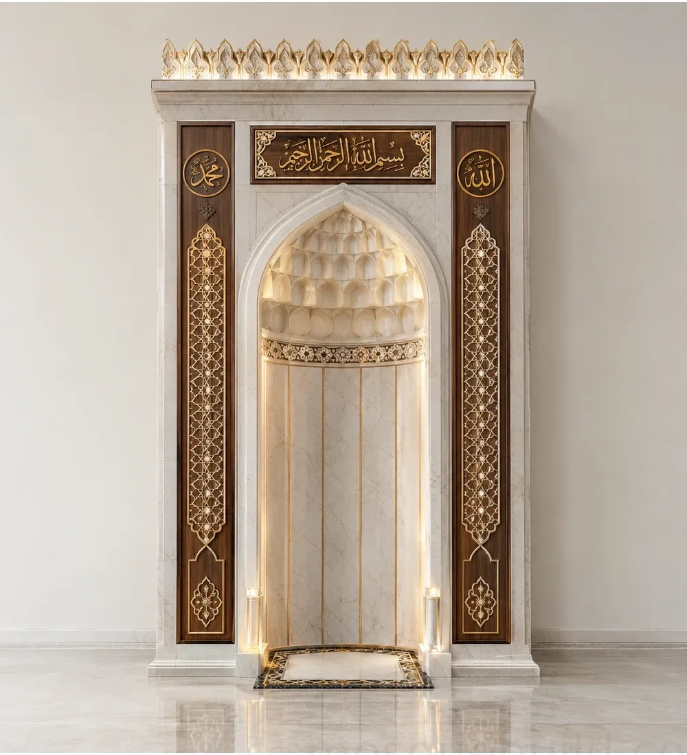 Mosquebuild Marble Wood Mihrab Niche 16 Marble and Wood Mosque Mihrab with Ornamental Frame – MosqueBuild 3D design concept