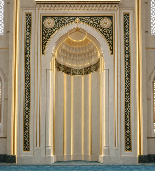 Ornate Marble Mosque Mihrab with Gold LED-Style Lines – MosqueBuild 3D design concept
