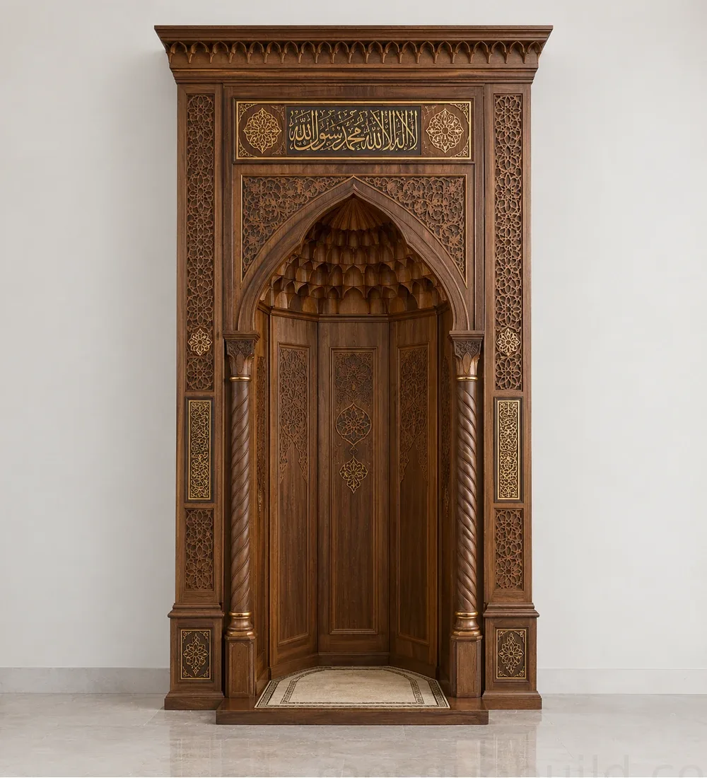 Mosquebuild Ornate Wooden Mihrab Niche 03 Carved Wooden Mosque Mihrab with Floral Motifs – MosqueBuild 3D design concept