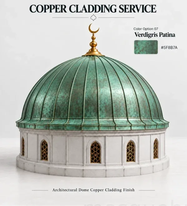 Verdigris Patinated Copper Mosque Dome Cladding – MosqueBuild 3D design concept