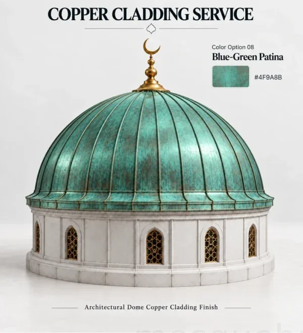 Blue-Green Patinated Copper Mosque Dome Cladding – MosqueBuild 3D design concept