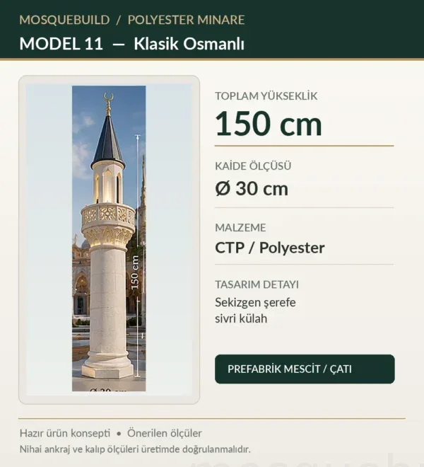 1.5m Fiberglass Mosque Minaret – Classic Ottoman – MosqueBuild 3D design concept