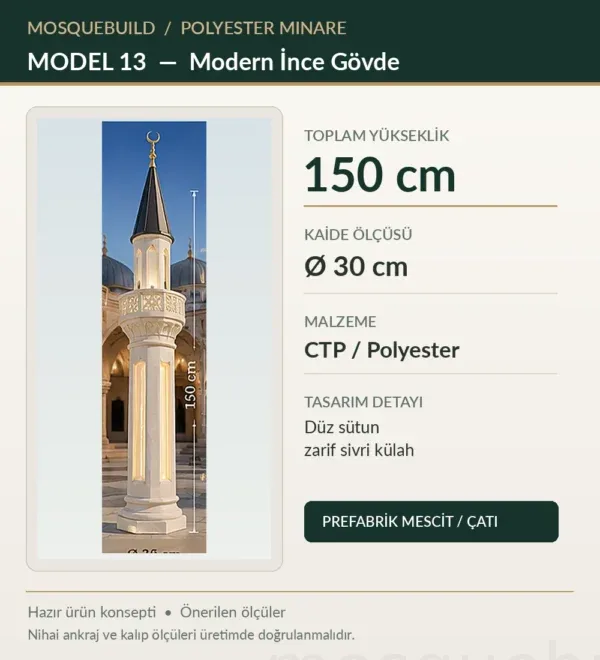 1.5m Fiberglass Mosque Minaret – Modern Slim – MosqueBuild 3D design concept
