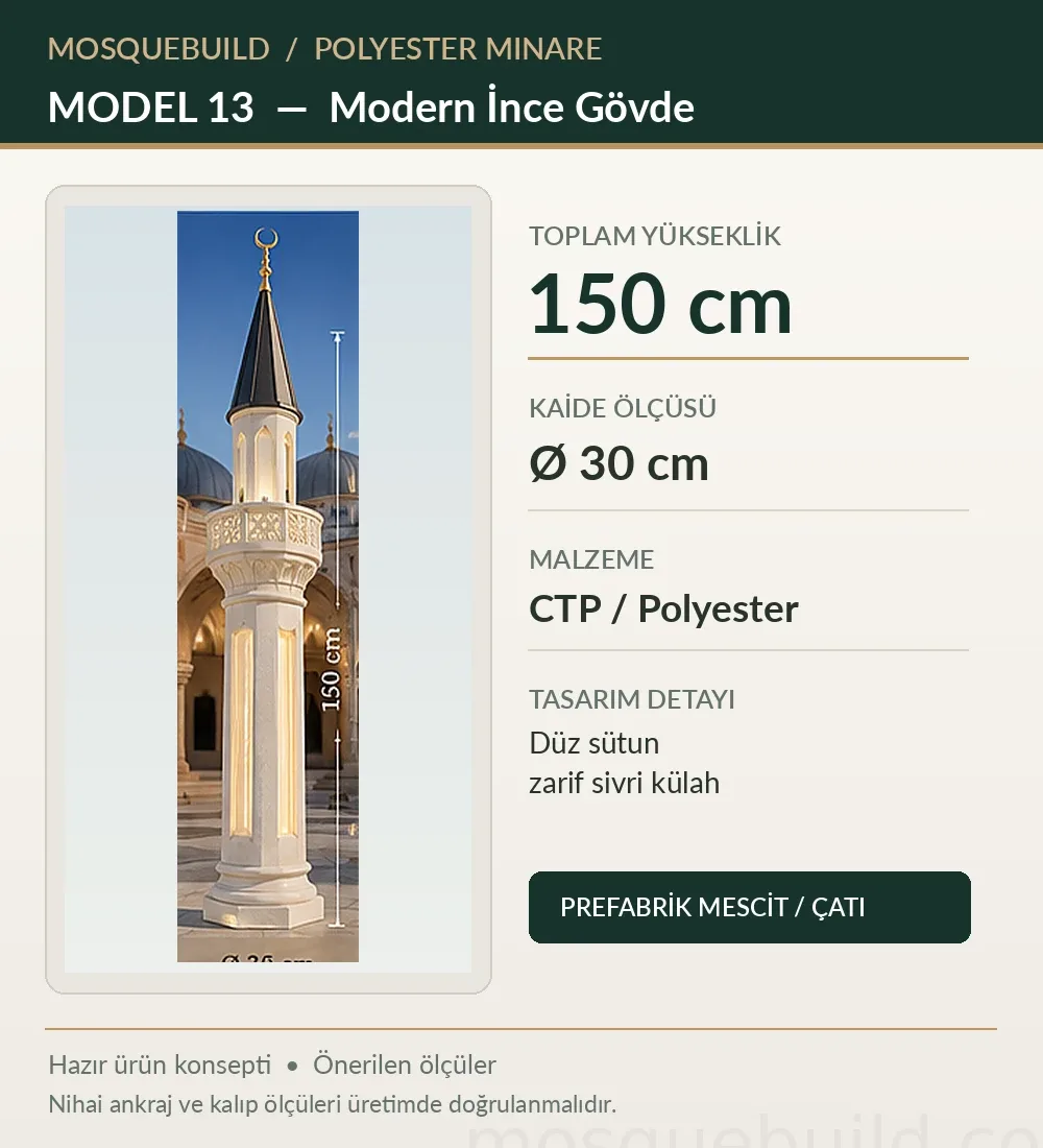 Mosquebuild Polyester Mosque Minaret Model 13 1.5m Fiberglass Mosque Minaret – Modern Slim – MosqueBuild 3D design concept