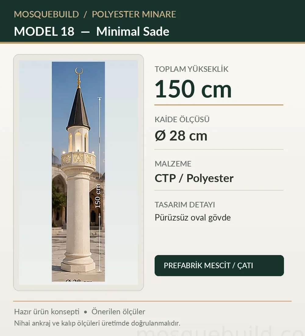 Mosquebuild Polyester Mosque Minaret Model 18 1.5m Fiberglass Mosque Minaret – Minimal – MosqueBuild 3D design concept