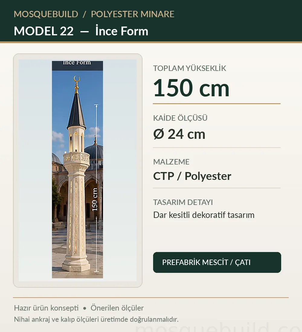 Mosquebuild Polyester Mosque Minaret Model 22 1.5m Fiberglass Mosque Minaret – Slender Form – MosqueBuild 3D design concept