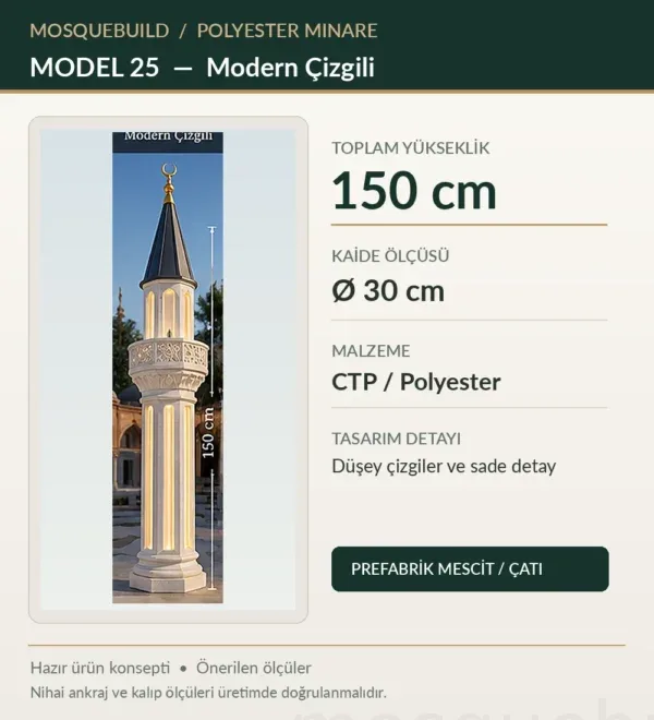 1.5m Fiberglass Mosque Minaret – Modern Fluted – MosqueBuild 3D design concept