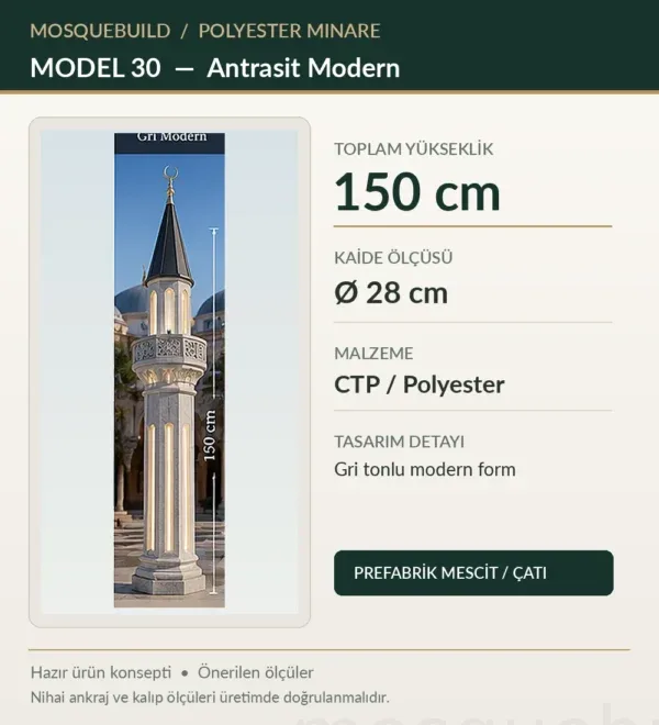 1.5m Fiberglass Mosque Minaret – Anthracite Modern – MosqueBuild 3D design concept